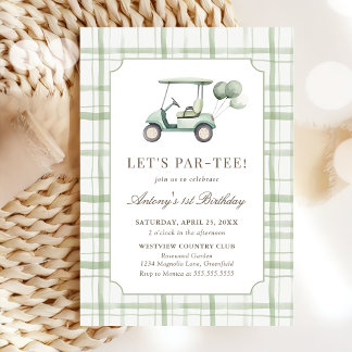 Convite Sage Green Gingham Golf Birthday Invitation