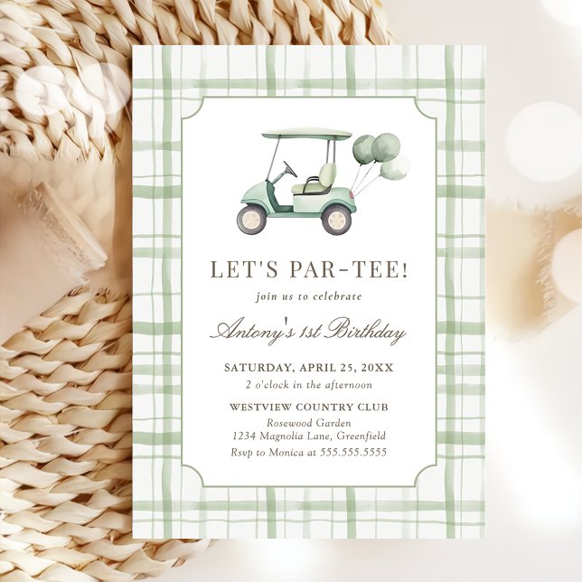 Convite Sage Green Gingham Golf Birthday Invitation (Criador carregado)