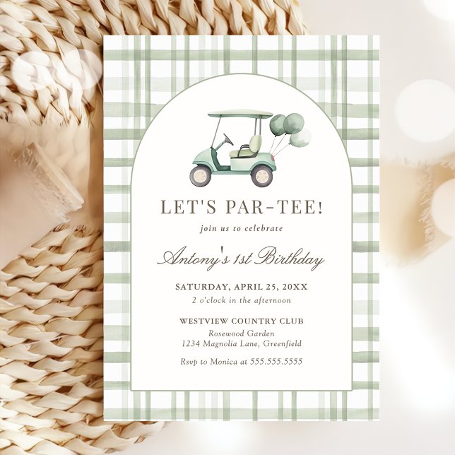 Convite Sage Green Gingham Golf Birthday Invitation (Criador carregado)