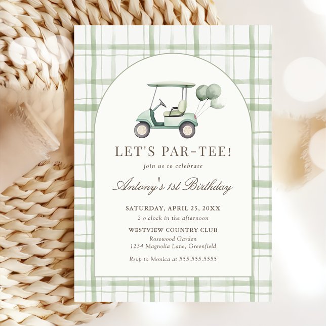Convite Sage Green Gingham Golf Birthday Invitation (Criador carregado)