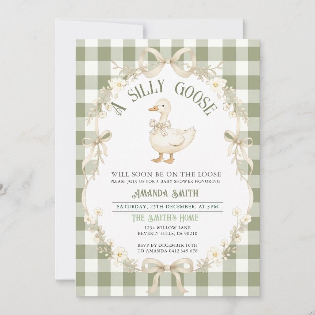 Convite Sage Green Gingham Goose Baby Shower Invitation (Frente)