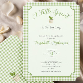 Convite Sage Green Gingham Little Sprout Baby Shower