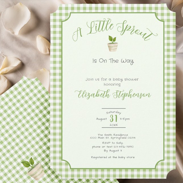 Convite Sage Green Gingham Little Sprout Baby Shower (Criador carregado)