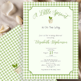 Convite Sage Green Gingham Little Sprout Baby Shower