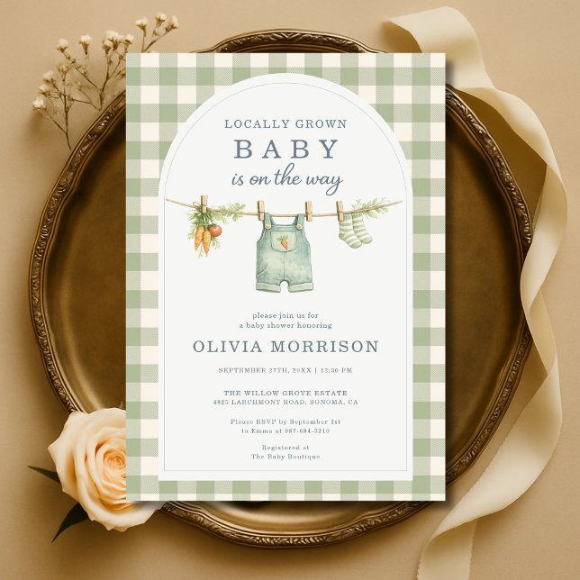 Convite Sage Green Gingham Locally Grown Baby Shower (Criador carregado)