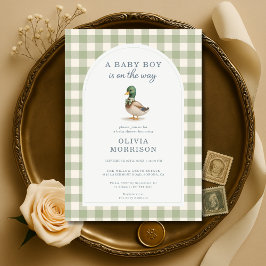 Convite Sage Green Gingham Mallard Duck Bow Baby Shower