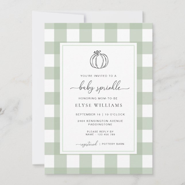Convite Sage Green Gingham Pumpkin Baby Sprinkle (Frente)