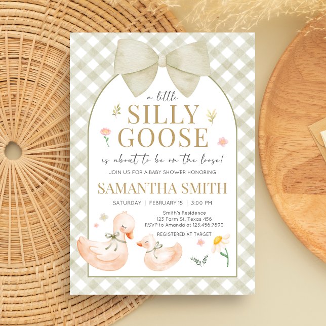 Convite Sage Green Gingham Silly Goose Baby Shower (Silly Goose Baby Shower Invitation)