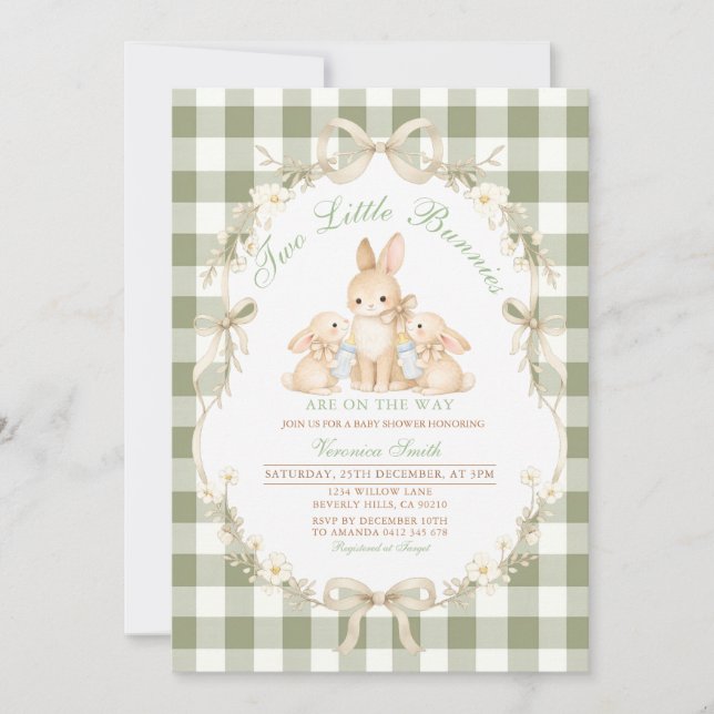 Convite Sage Green Gingham Twins Baby Shower Invitation (Frente)