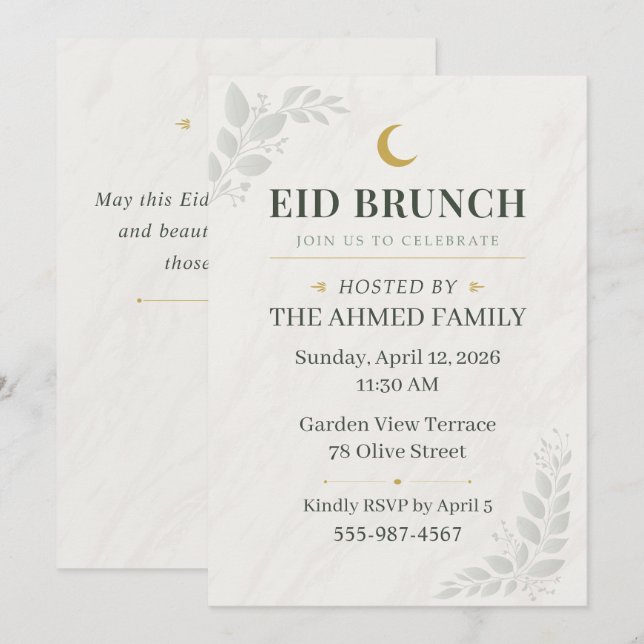 Convite Sage Green & Gold Botanical Sage Eid Brunch Moon (Frente/Verso)