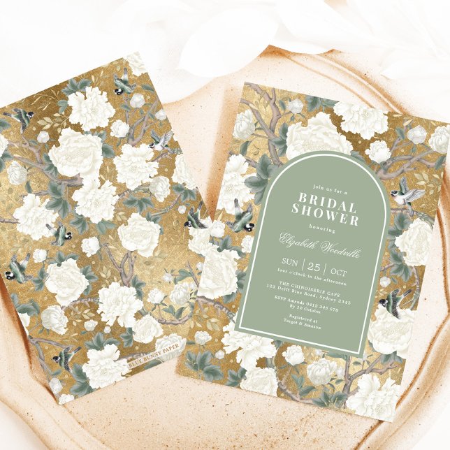 Convite Sage Green Gold Chinoiserie Floral Bridal Shower (Criador carregado)