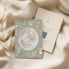 Convite Sage Green Gold Floral Photo Wedding