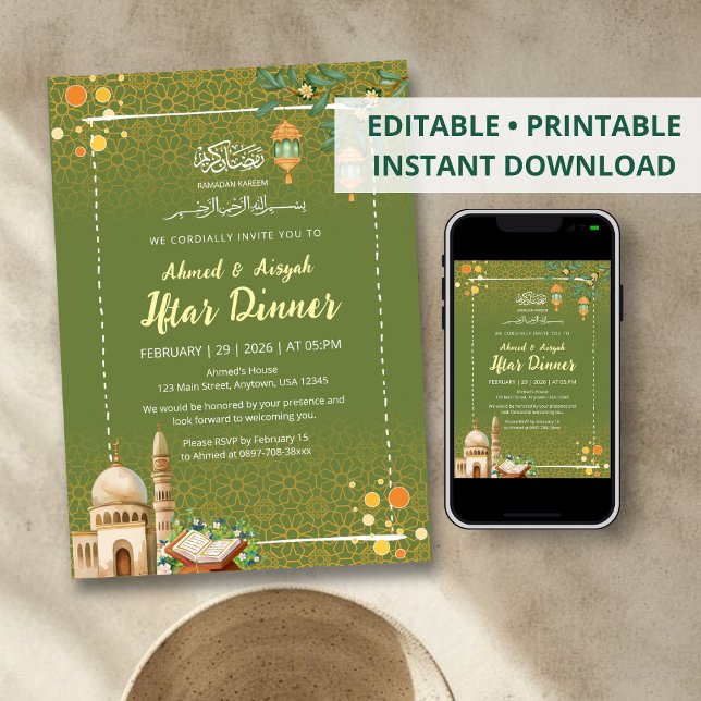 Convite Sage Green & Gold Mosque Ramadan Iftar Invitation (Criador carregado)