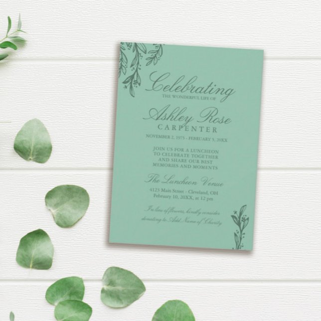 Convite Sage Green Greenery Celebração da Vida Memorial (Criador carregado)