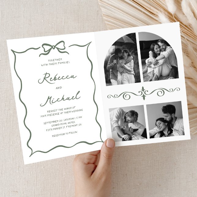 Convite Sage Green Hand Drawn Bow QR Code Photo Wedding (Criador carregado)