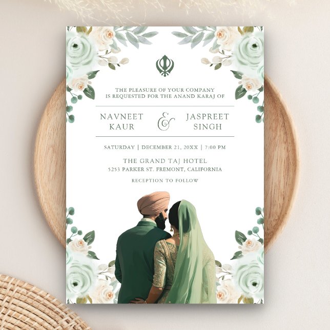 Convite Sage Green Ivory Anand Karaj Indian Sikh Wedding (Criador carregado)