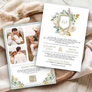 Convite Sage Green Ivory Floral Código QR Crest Casamento