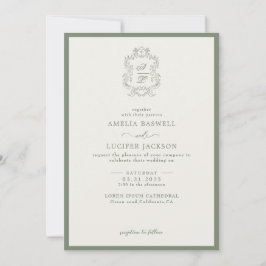 Convite Sage Green & Ivory Floral Monograma Crest Casament