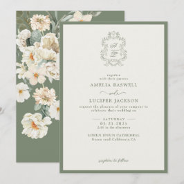 Convite Sage Green & Ivory Floral Monograma Crest Casament
