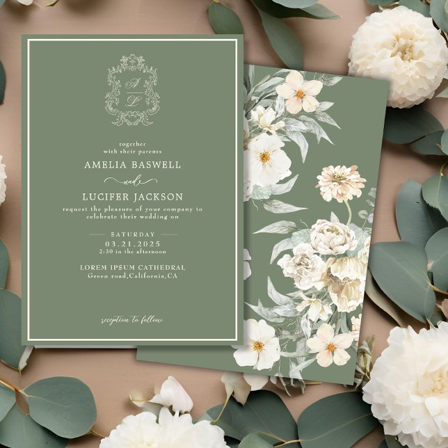 Convite Sage Green & Ivory Floral Monograma Crest Casament (Criador carregado)
