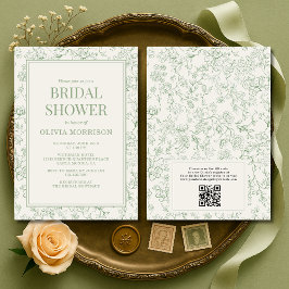 Convite Sage Green Ivory French QR Code Bridal Shower