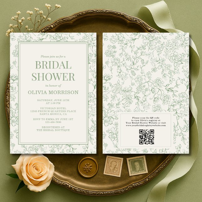 Convite Sage Green Ivory French QR Code Bridal Shower (Criador carregado)