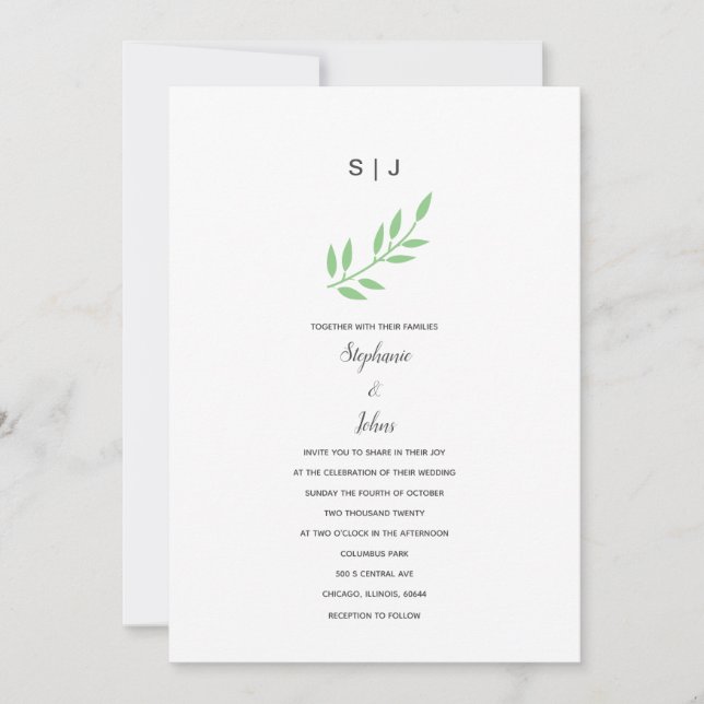 Convite Sage Green Leaf Cinzas Monogramas Nome Boho Weddin (Frente)