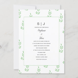 Convite Sage Green Leaf Monograma Casamento Simples Mínimo