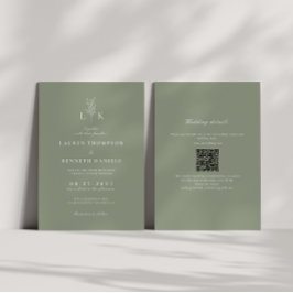Convite Sage Green Leaf Monograma Código QR Casamento