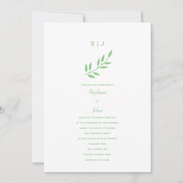 Convite Sage Green Leaf Monogramas Nome Casamento Personal (Frente)