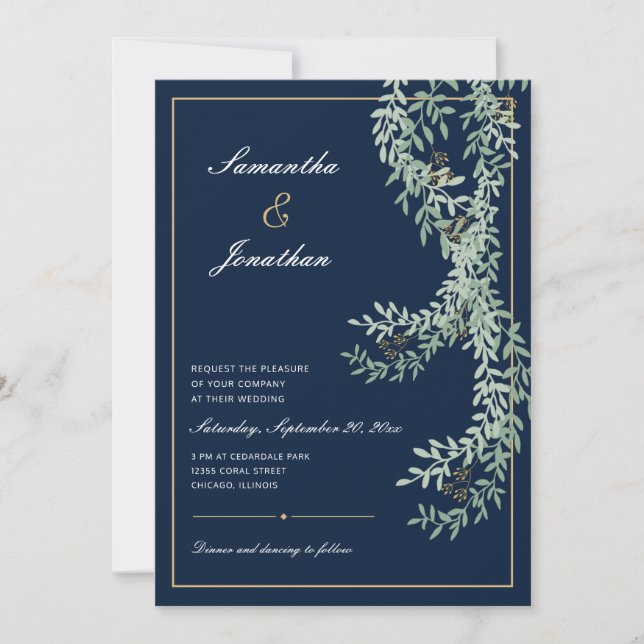 Convite Sage Green Leaf Vines | Casamento Marinho Azul (Frente)