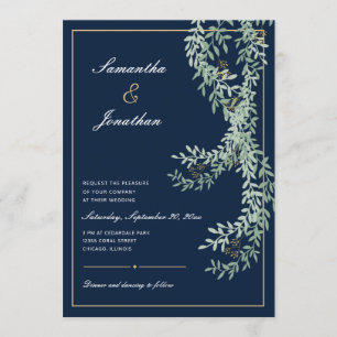 Convite Sage Green Leaf Vines   Casamento Marinho Azul