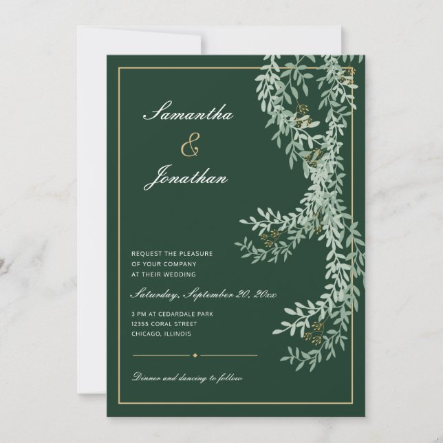 Convite Sage Green Leaf Vines | Casamento Verde Emerald (Frente)