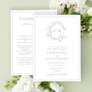 Convite Sage Green Leafy Crest Monograma Detalhes Casament