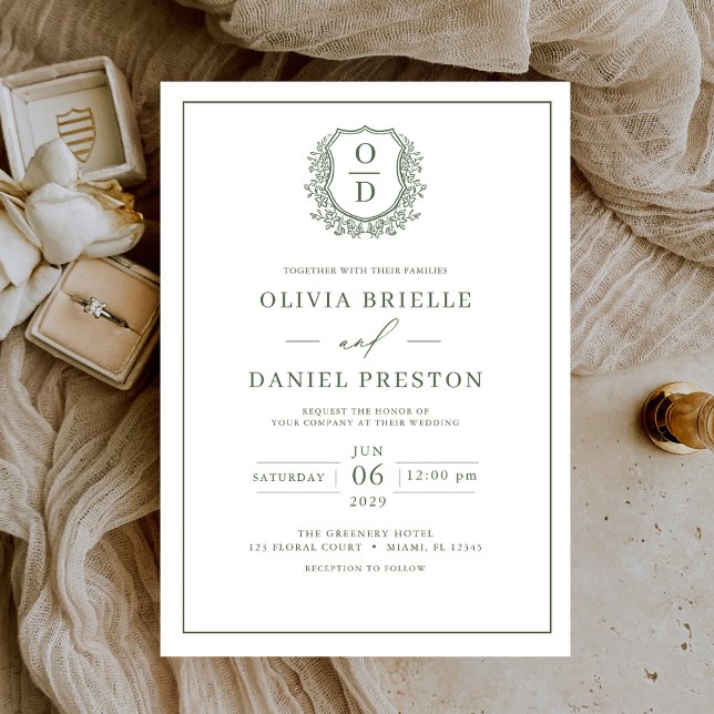 Convite Sage Green Leafy Crest Monograma Elegante Casament (Criador carregado)