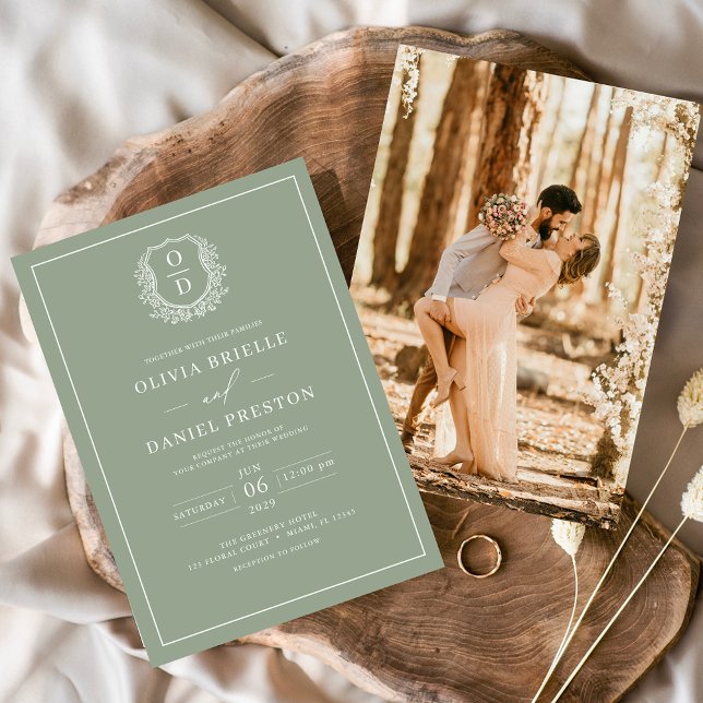 Convite Sage Green Leafy Crest Monograma Foto Casamento (Criador carregado)