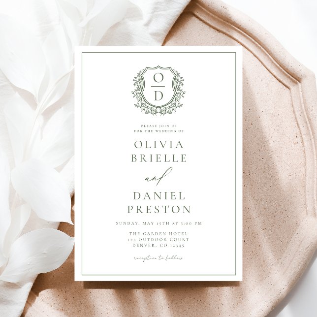 Convite Sage Green Leafy Floral Crest Monograma Casamento (Criador carregado)