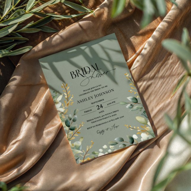 Convite Sage Green Leaves Bridal Shower Invitation (Criador carregado)