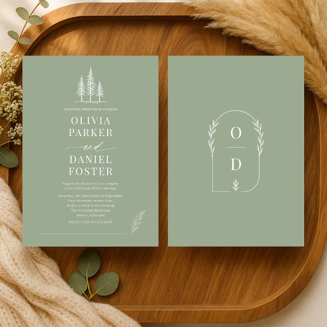 Convite Sage Green Line Art Rustic Forest Wedding (Criador carregado)