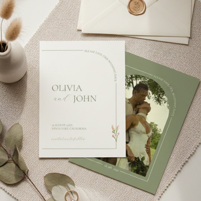 Convite Sage Green & Linen Minimalist Save the Date Card (Criador carregado)