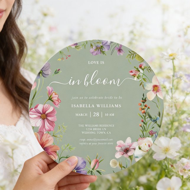 Convite Sage Green Love in Bloom Floral Bridal Shower (Front of round 5.25 inch invite is shown, choose paper and corner style. Add a QR Code to the back.)