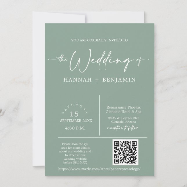 Convite Sage Green Minimal Boho Wedding Arch Código QR Fot (Frente)