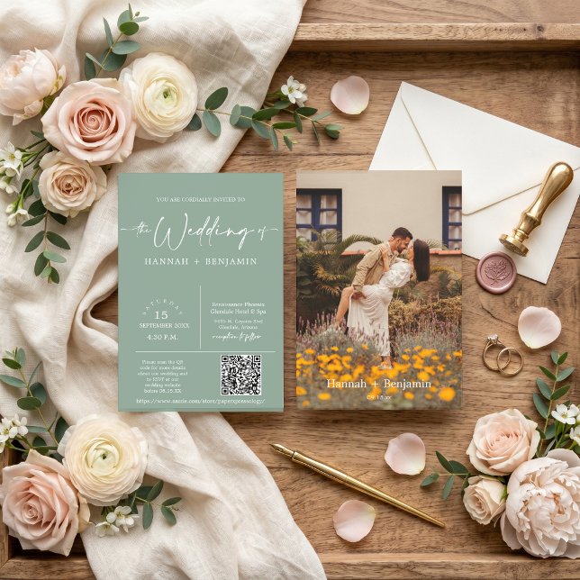 Convite Sage Green Minimal Boho Wedding Arch Código QR Fot (Criador carregado)
