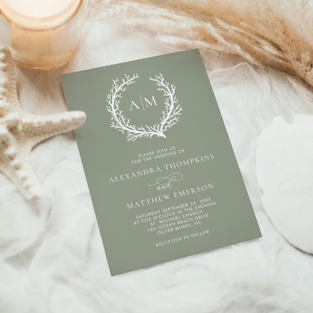 Convite Sage Green Minimal Monograma Beach Wedding (Criador carregado)