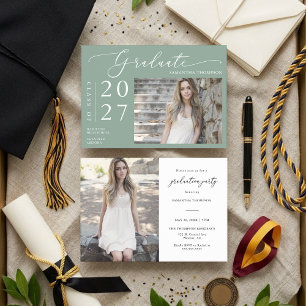 Convite Sage Green Minimal Script School Graduation Photo