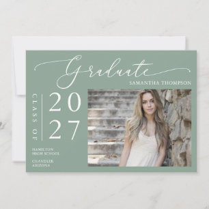 Convite Sage Green Minimal Script School Graduation Photo