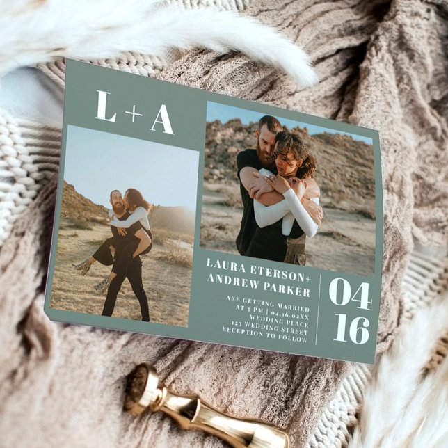 Convite Sage green minimalist iniciais 2 fotos casamento (Criador carregado)