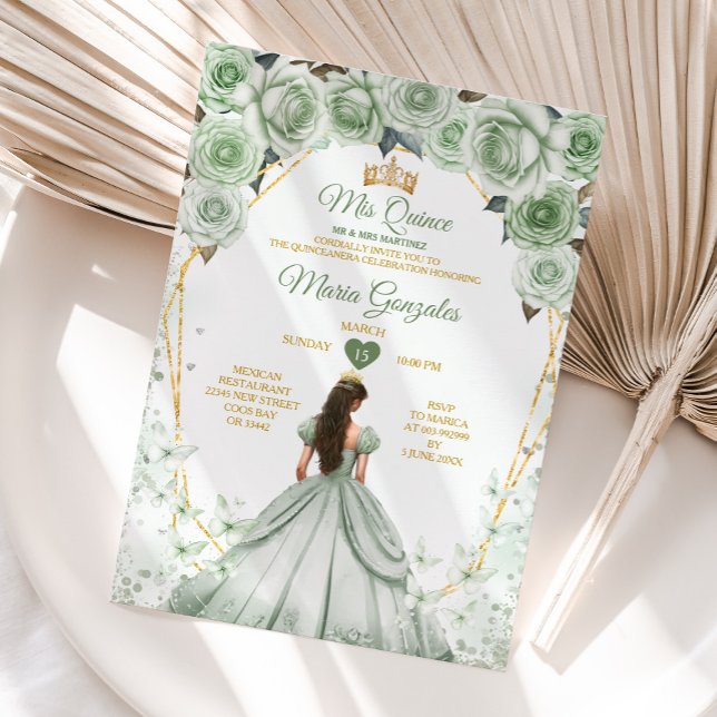 Convite Sage Green Mis Quince 15 Anos Dourada Crown Butter (Criador carregado)