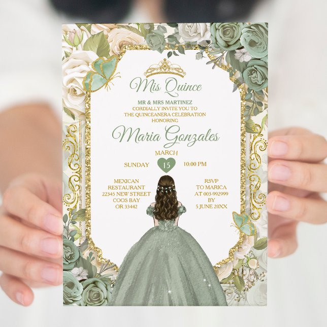Convite Sage Green Mis Quince 15 Anos Dourada Crown Butter (Criador carregado)