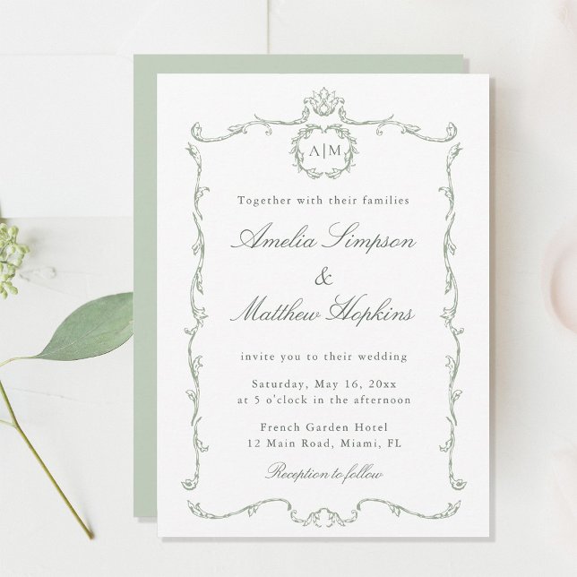 Convite Sage Green Modern Classic French Frame Wedding  (Criador carregado)